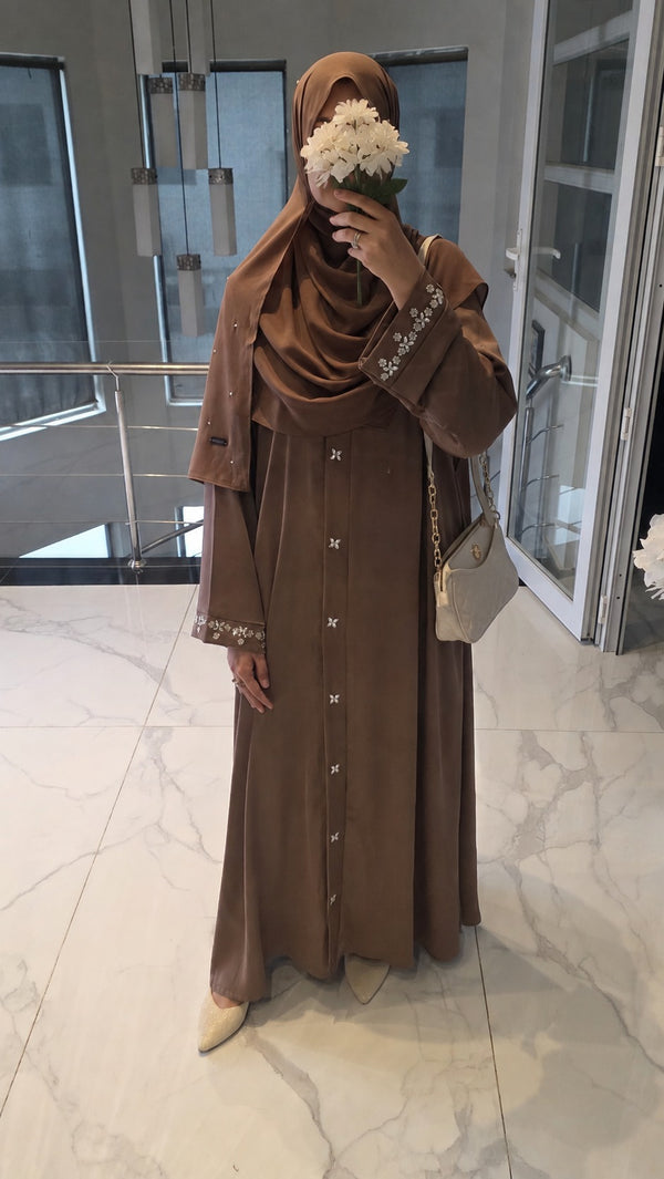Opal mocha brown Nada silk abaya, full length, with stonework on the sleeves and button placket