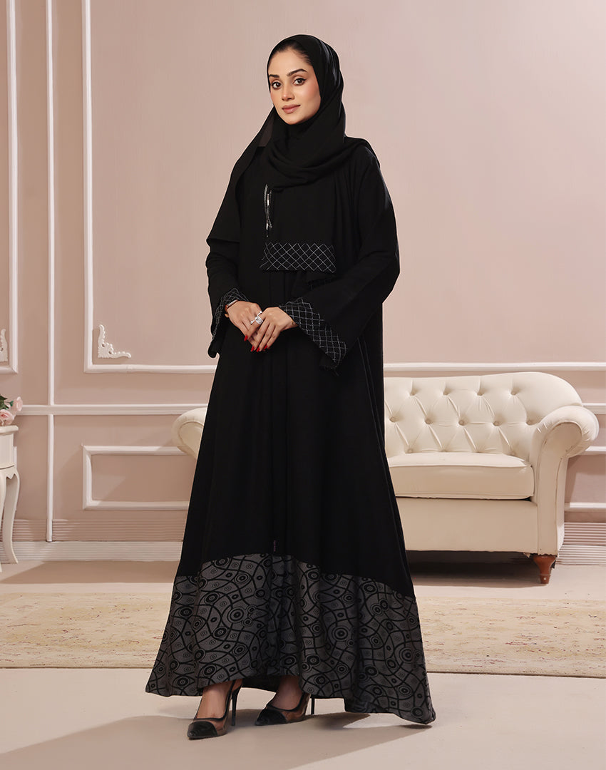 Zayana Amal black jacquard abaya with embroidered cuffs and scarf, view 1