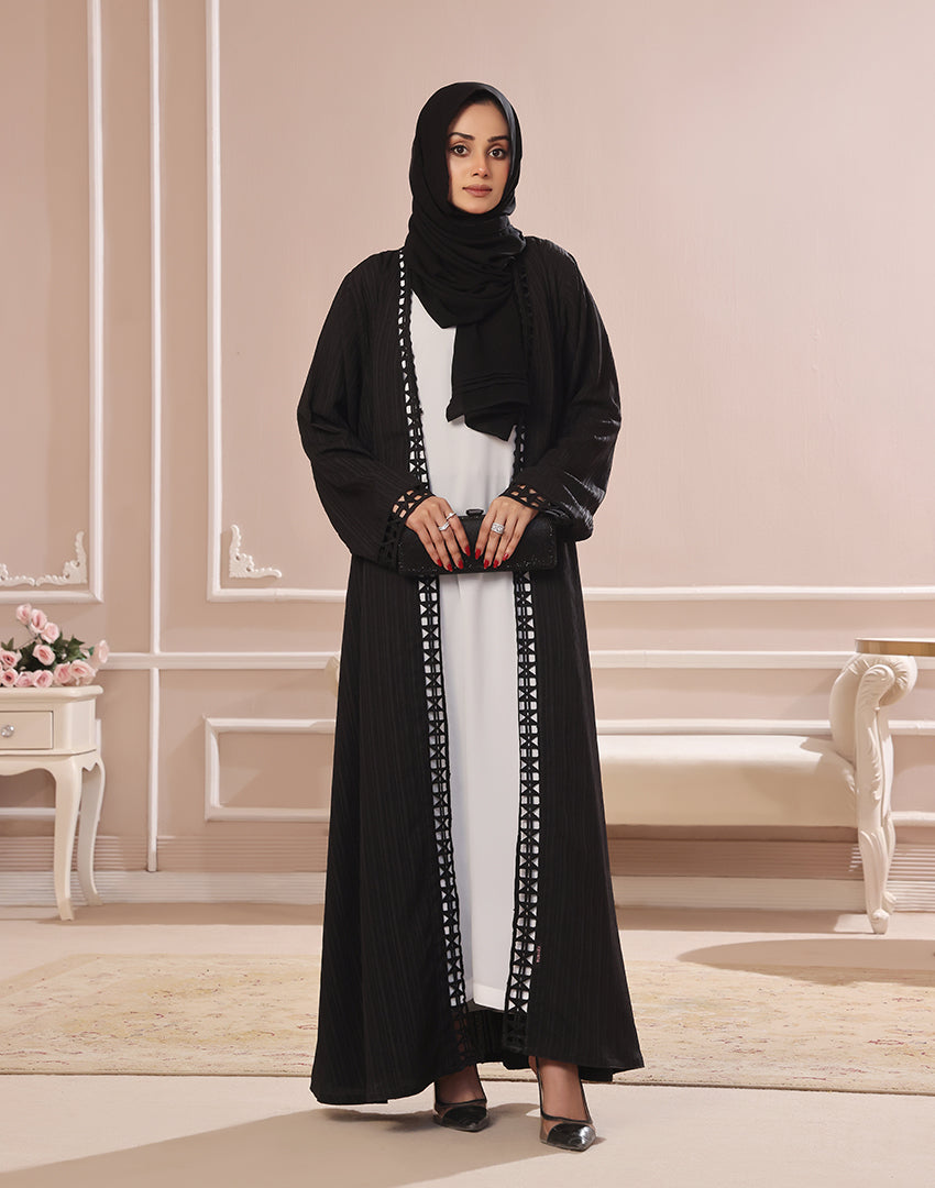 Zayana Raya black nida silk front-open abaya with lace border, view 1
