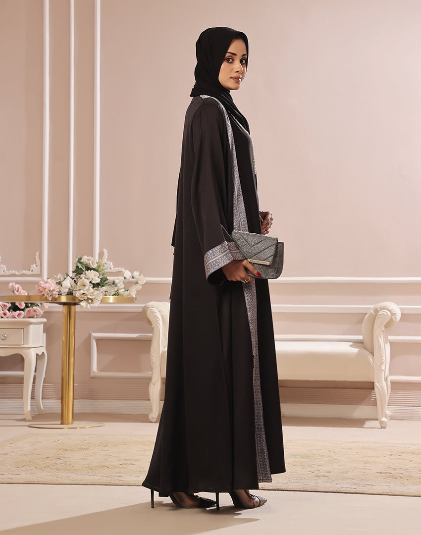 Zayana Layla black crush silk abaya with hand-printed borders, view 1