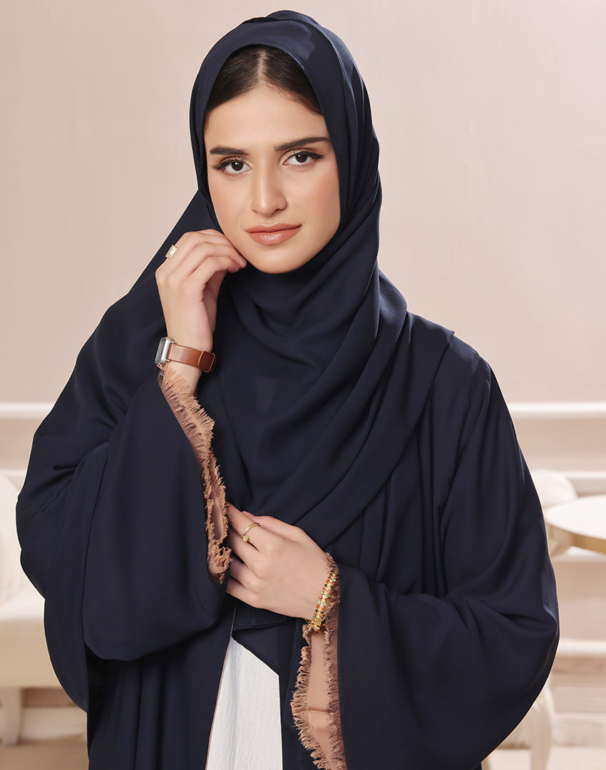 Zayana Ziwa reversible georgette abaya in navy blue and caramel, view 1