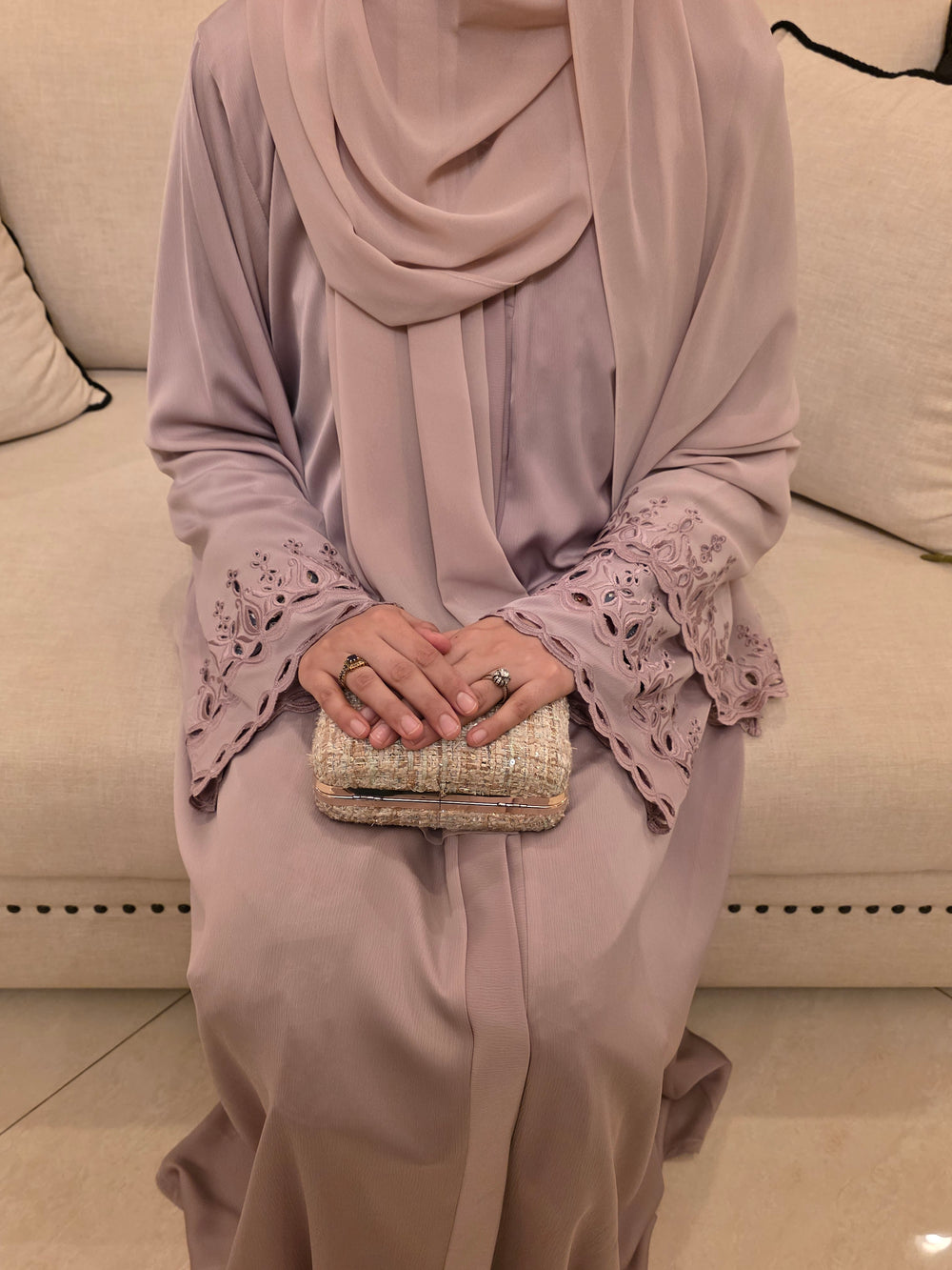 Sofia abaya in dreamy mauve with scalloped cutwork cuffs and matching scarf