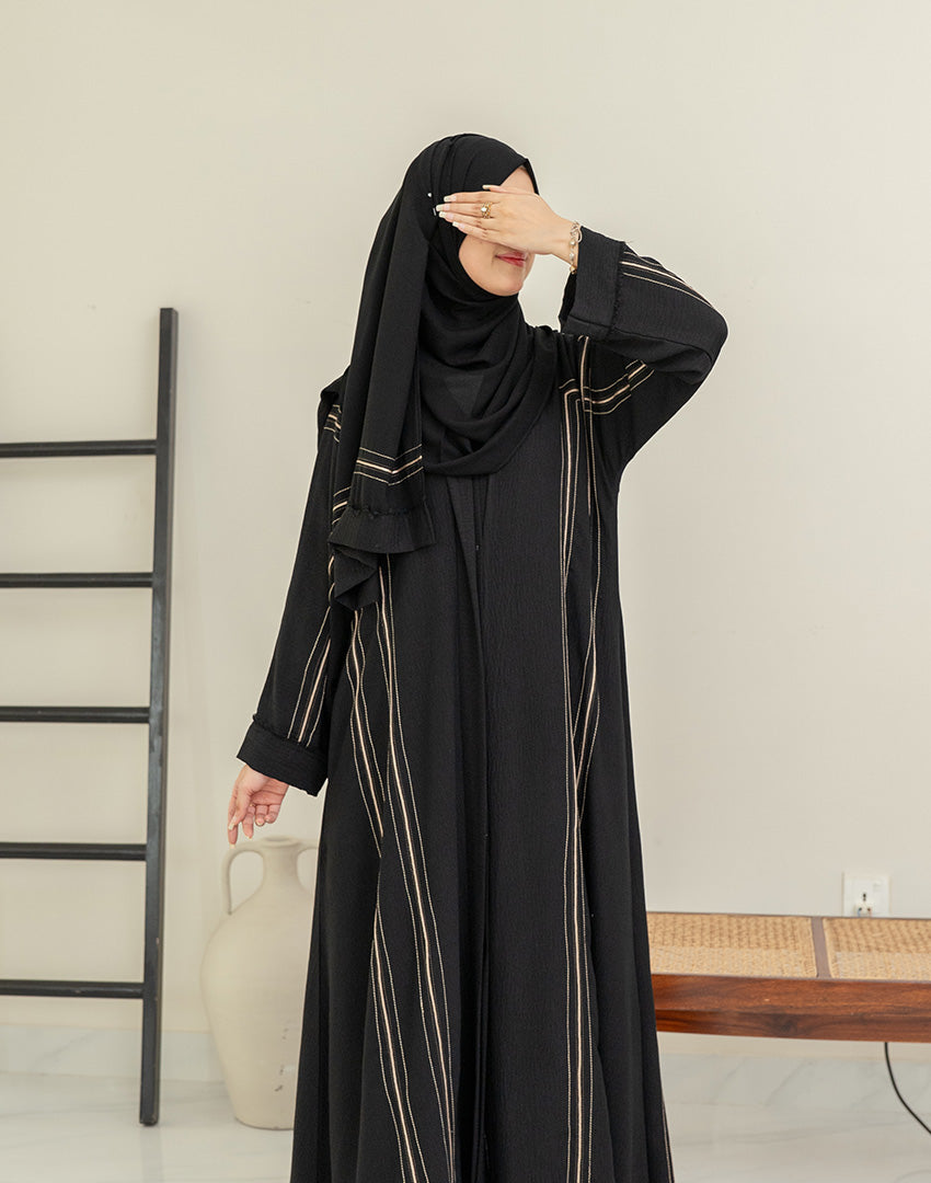 Zayana Lena black crush abaya with stitch detailing, view 1