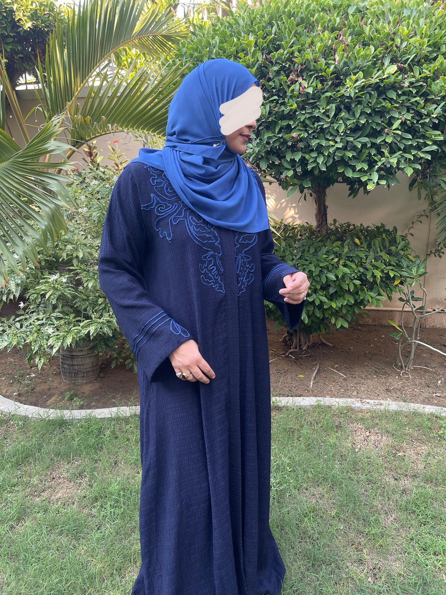 Zayana Mira navy blue crush abaya with blue embroidery, view 1