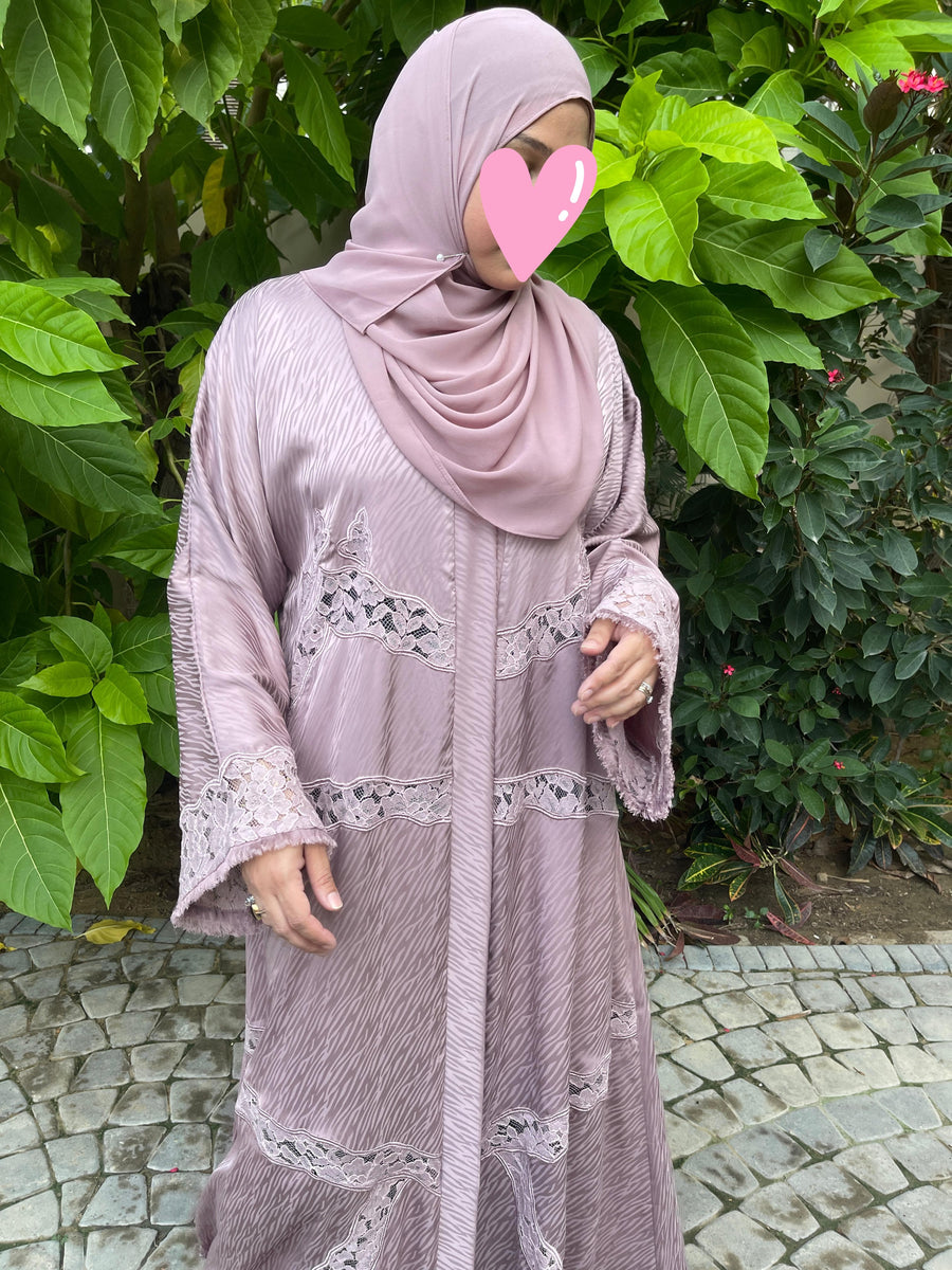 Zayana Elaya blush purple mulberry silk abaya with lace, view 1