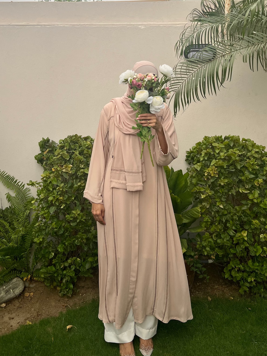 Zayana Lena peach beige georgette abaya with stitch detailing, view 1