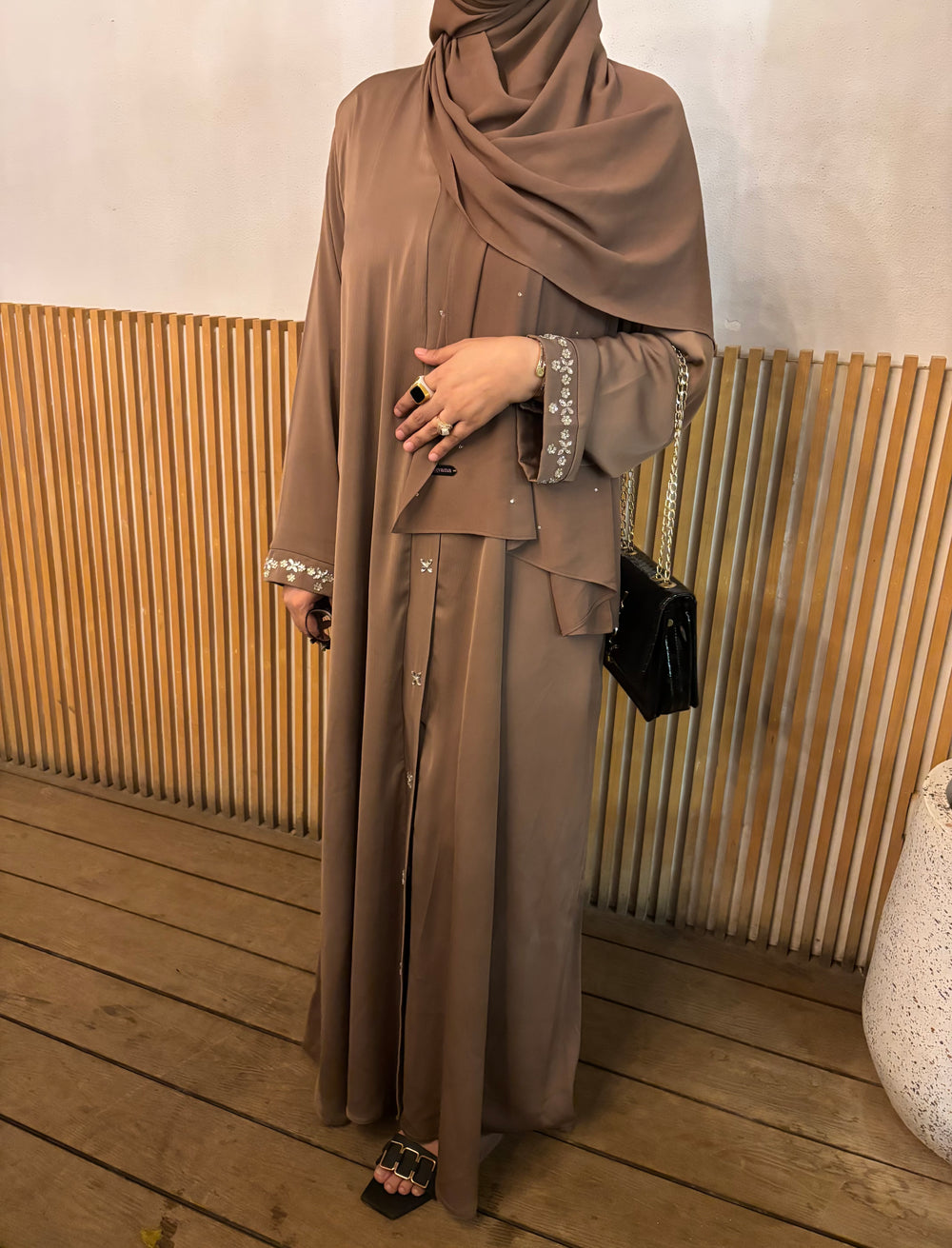 Opal mocha brown abaya, full length front view, stonework on the sleeves and button placket