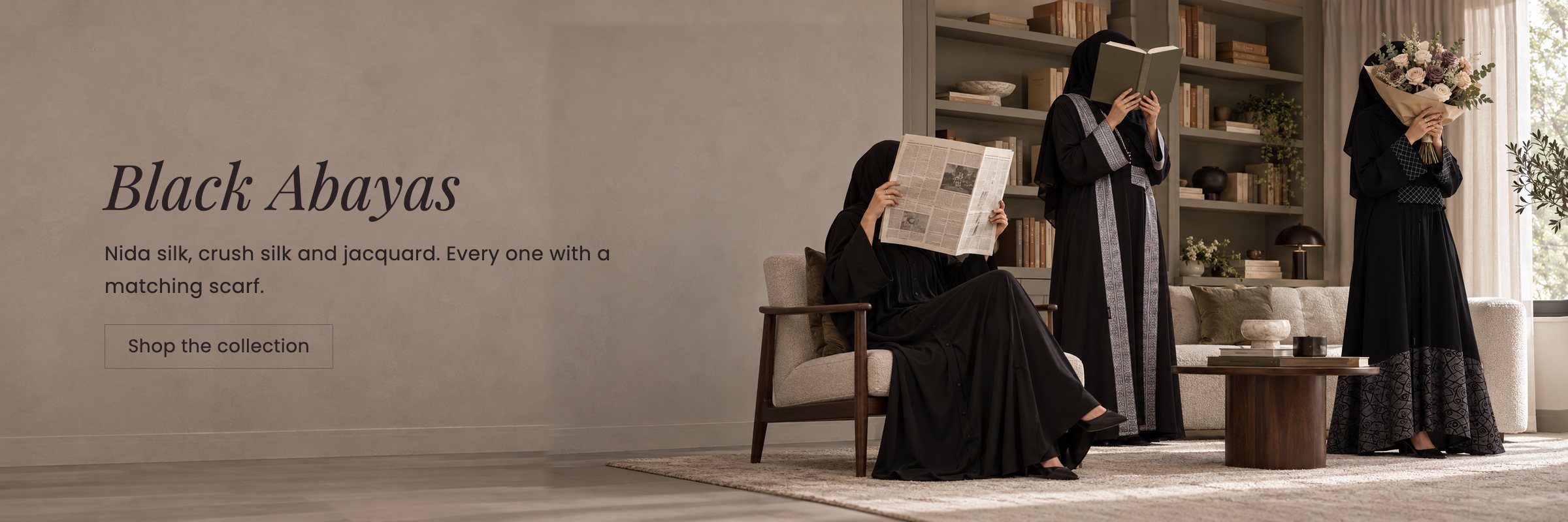 Zayana black abayas in nida silk, crush silk and jacquard